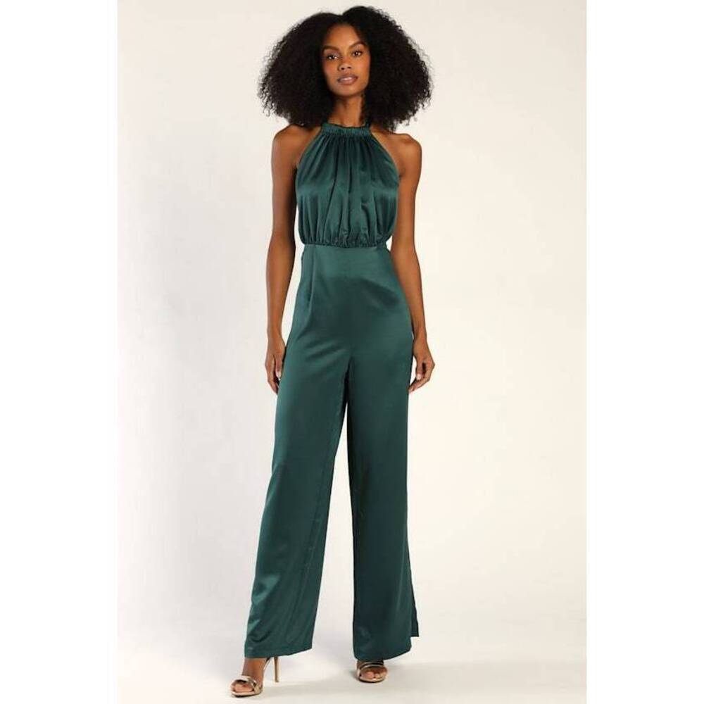 Lulus Emerald Green Satin Halter Wide-leg Jumpsuit
